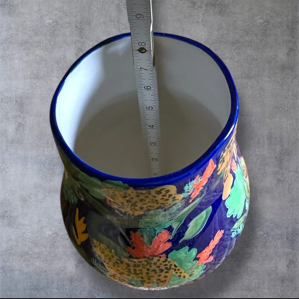 Anthropologie Leah Reena Goren Blue Tiger Cheetah Cat Flora Fauna Ceramic Vase